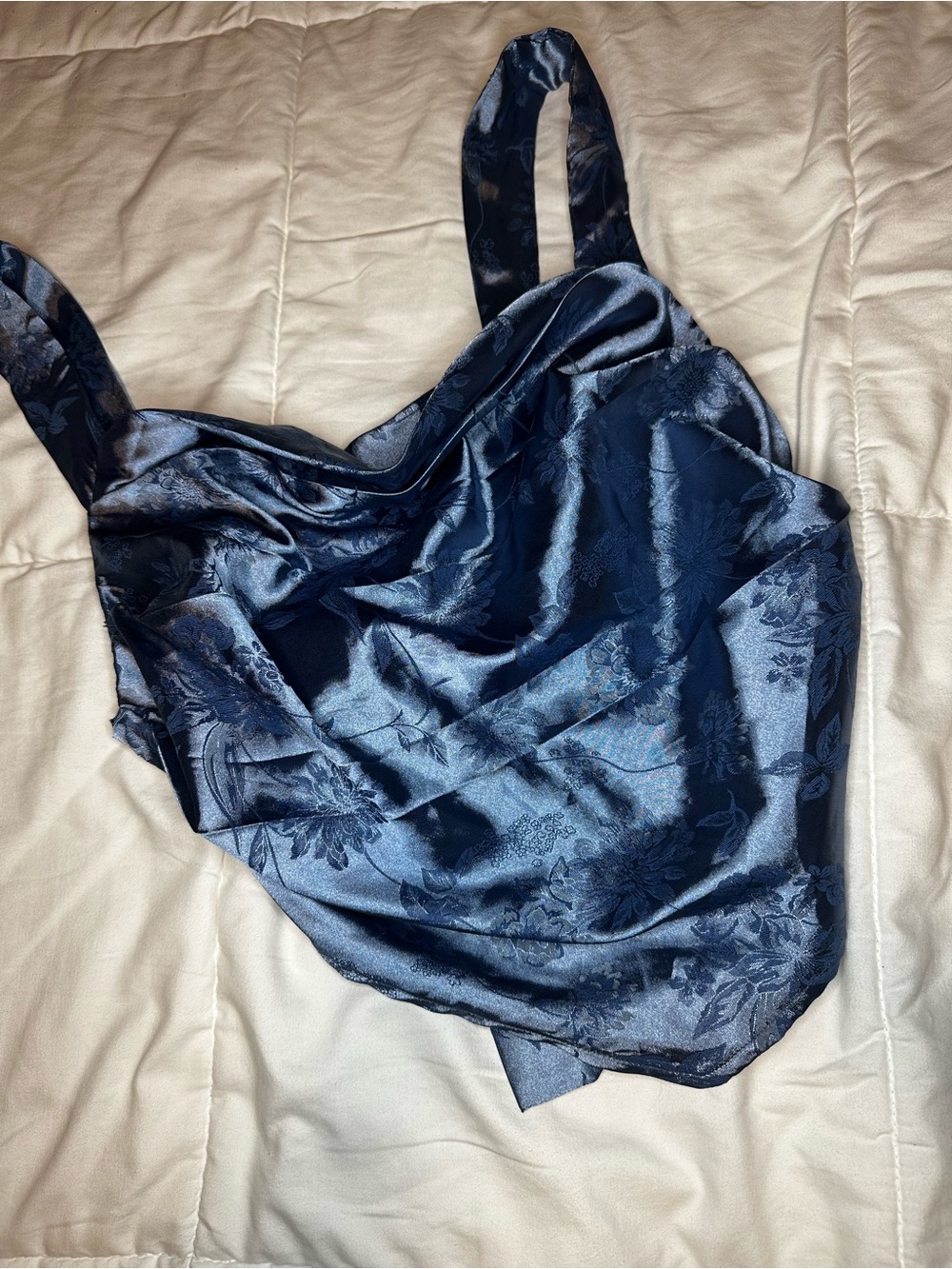 SHEIN Navy Blue Satin Floral Cowl Crop Top